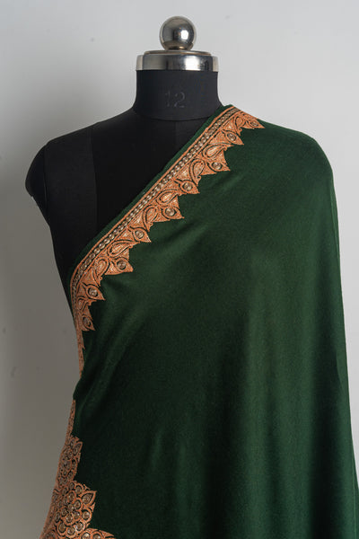 Enchanting Green and Ivory Kashmiri Tilla Embroidered Merino Wool Shawl