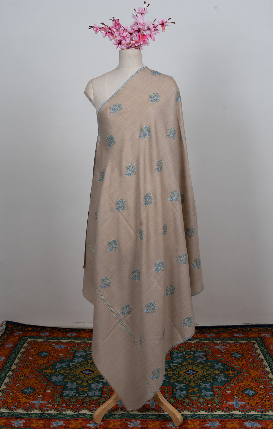 Powder Blue Buti Sozni Hand Embroidered Merino Wool Shawl