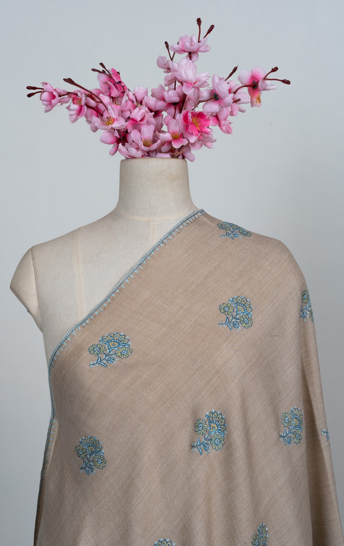 Powder Blue Buti Sozni Hand Embroidered Merino Wool Shawl