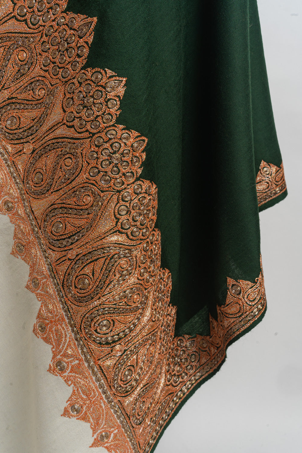 Enchanting Green and Ivory Kashmiri Tilla Embroidered Merino Wool Shawl