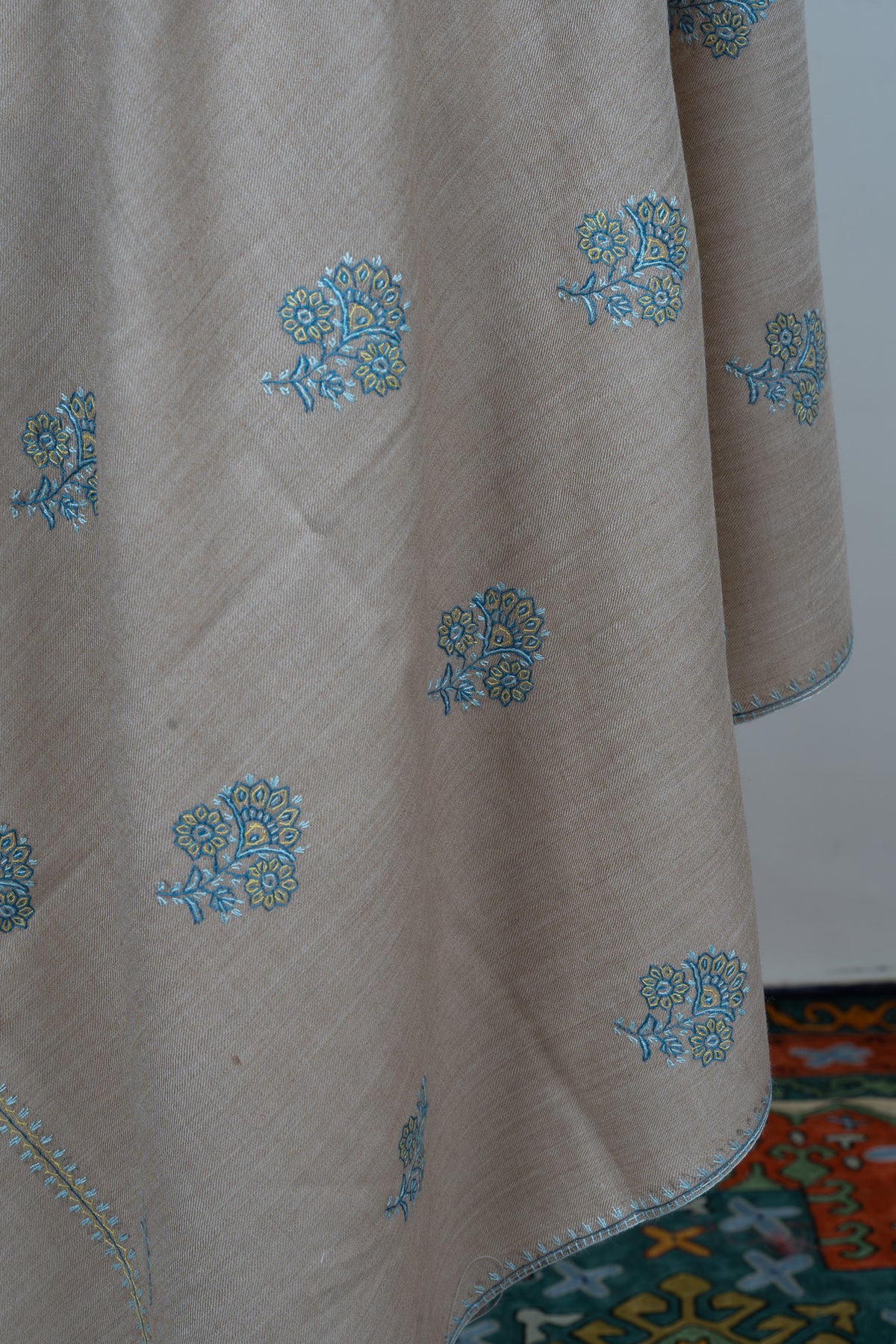 Powder Blue Buti Sozni Hand Embroidered Merino Wool Shawl