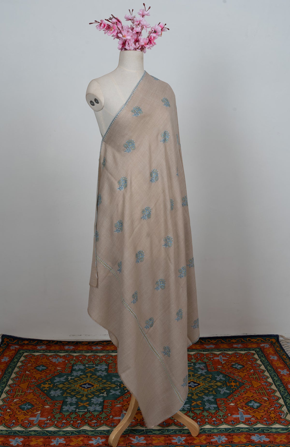 Powder Blue Buti Sozni Hand Embroidered Merino Wool Shawl