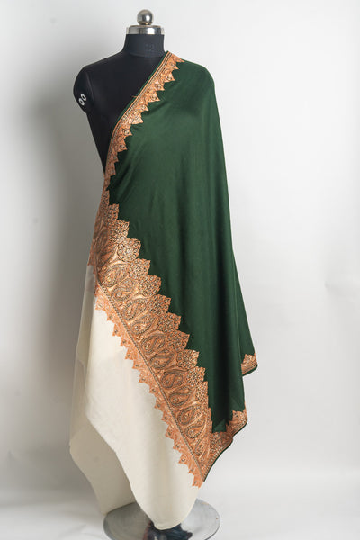 Enchanting Green and Ivory Kashmiri Tilla Embroidered Merino Wool Shawl