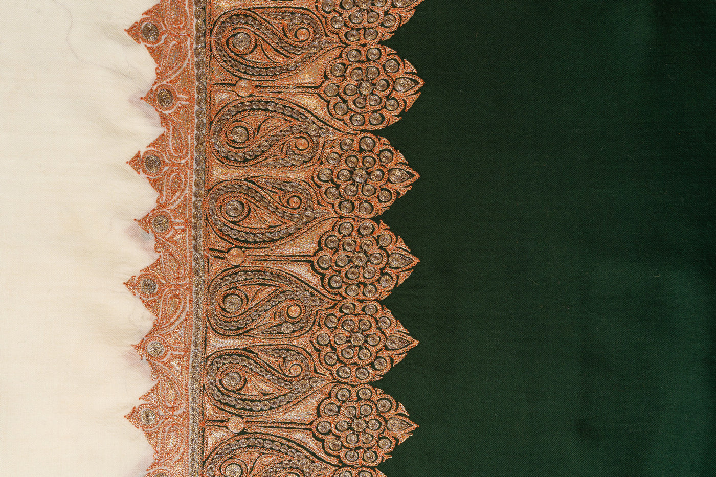 Enchanting Green and Ivory Kashmiri Tilla Embroidered Merino Wool Shawl