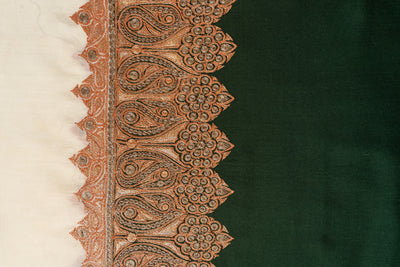 Enchanting Green and Ivory Kashmiri Tilla Embroidered Merino Wool Shawl