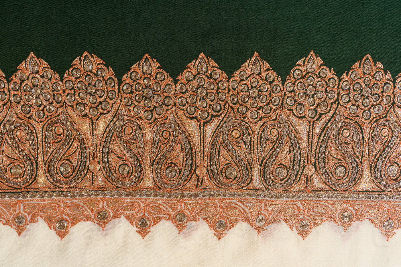 Enchanting Green and Ivory Kashmiri Tilla Embroidered Merino Wool Shawl