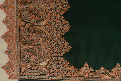 Enchanting Green and Ivory Kashmiri Tilla Embroidered Merino Wool Shawl