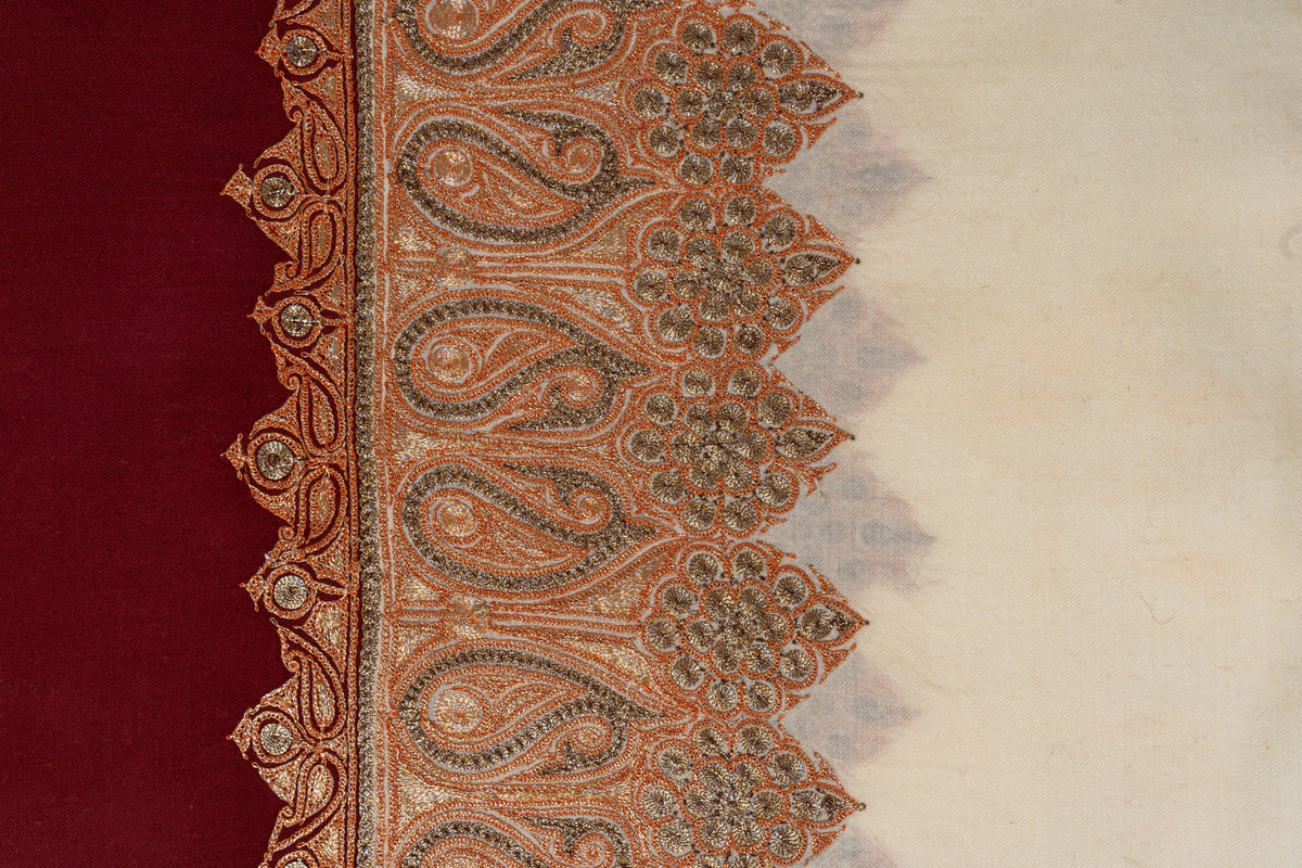 Refined Ivory and Burgundy Kashmiri Tilla Embroidered Merino Wool Shawl