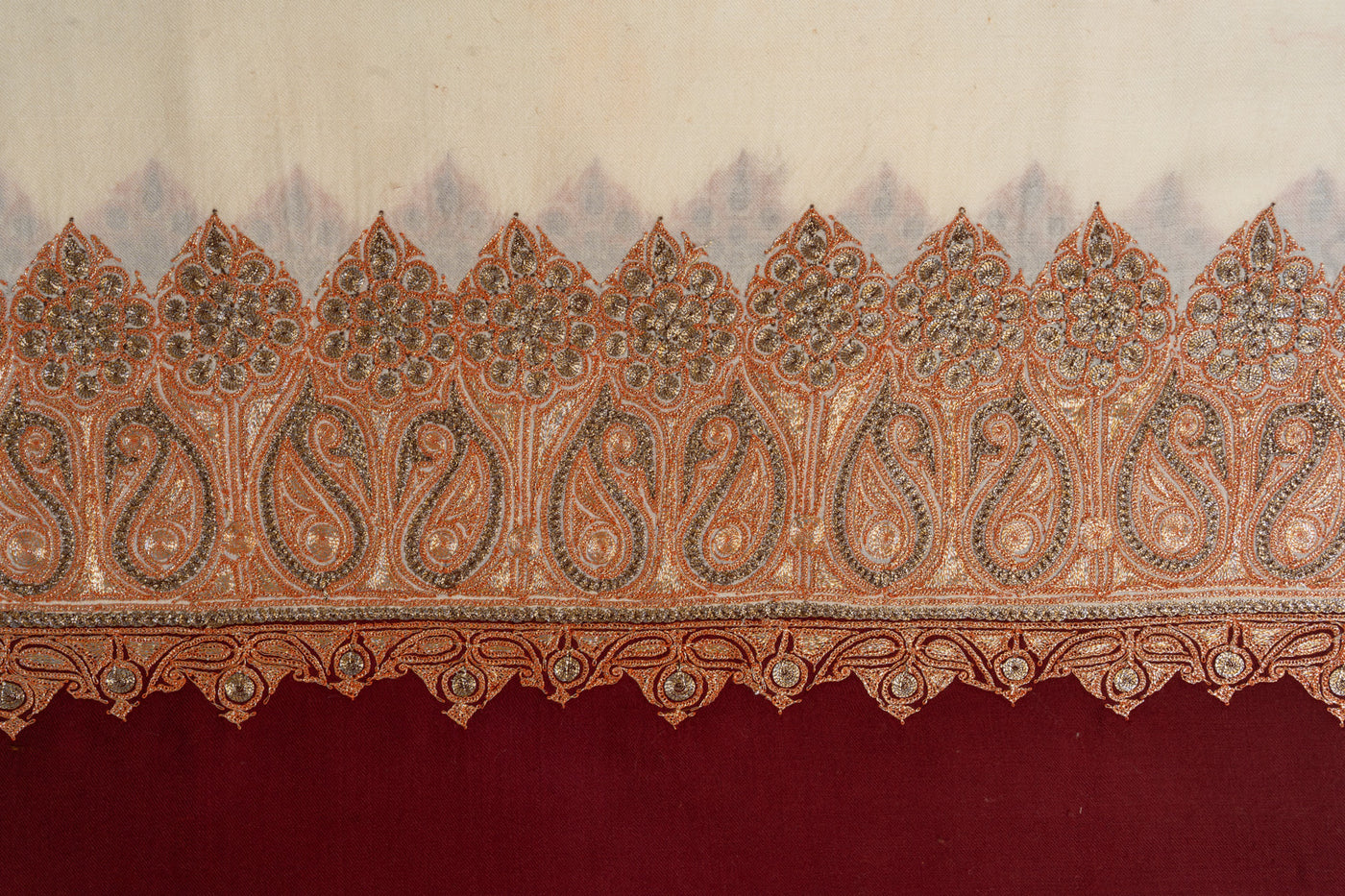 Refined Ivory and Burgundy Kashmiri Tilla Embroidered Merino Wool Shawl