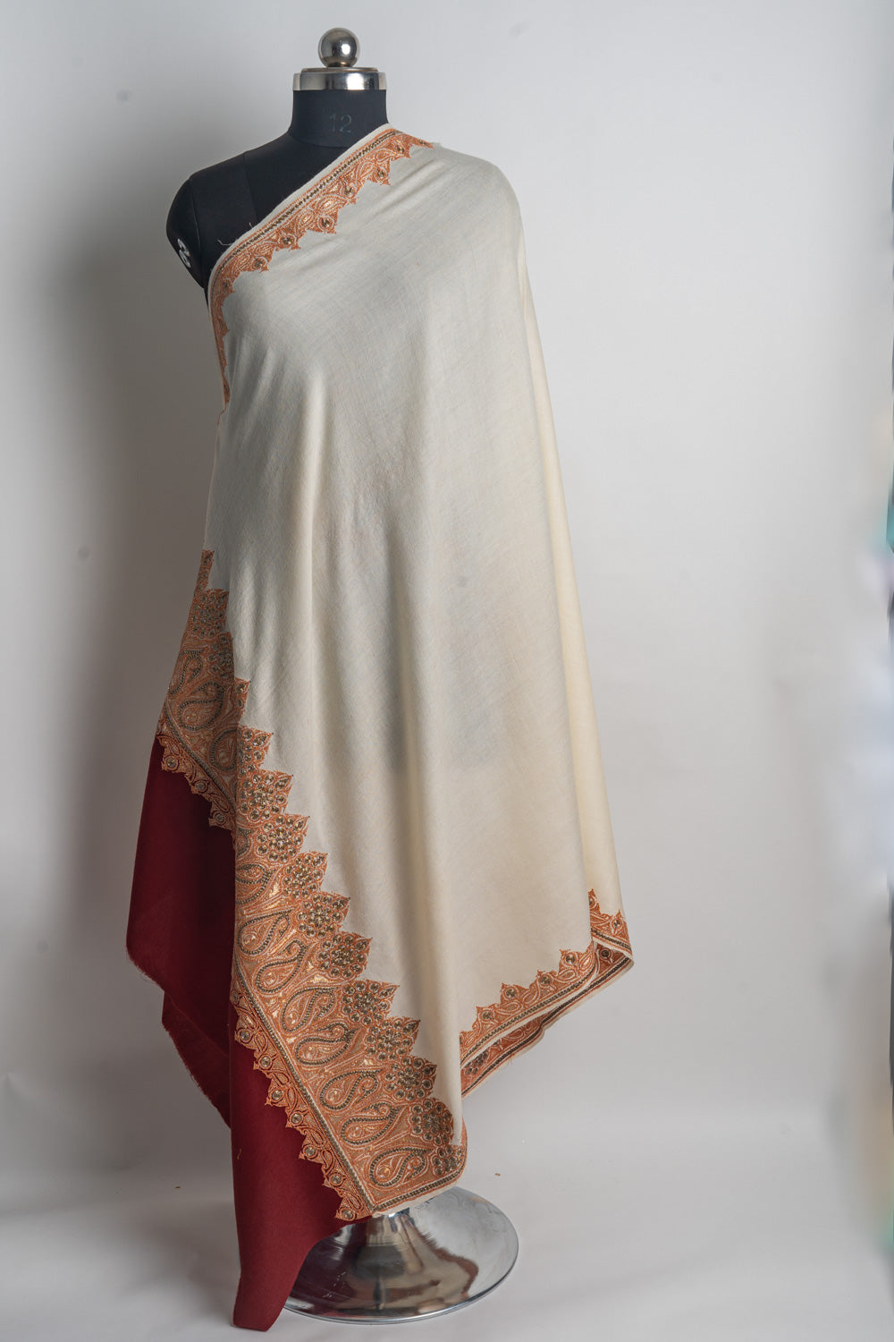 Refined Ivory and Burgundy Kashmiri Tilla Embroidered Merino Wool Shawl