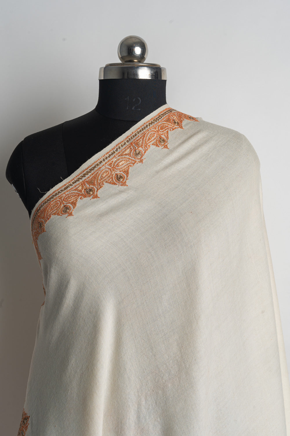 Refined Ivory and Burgundy Kashmiri Tilla Embroidered Merino Wool Shawl