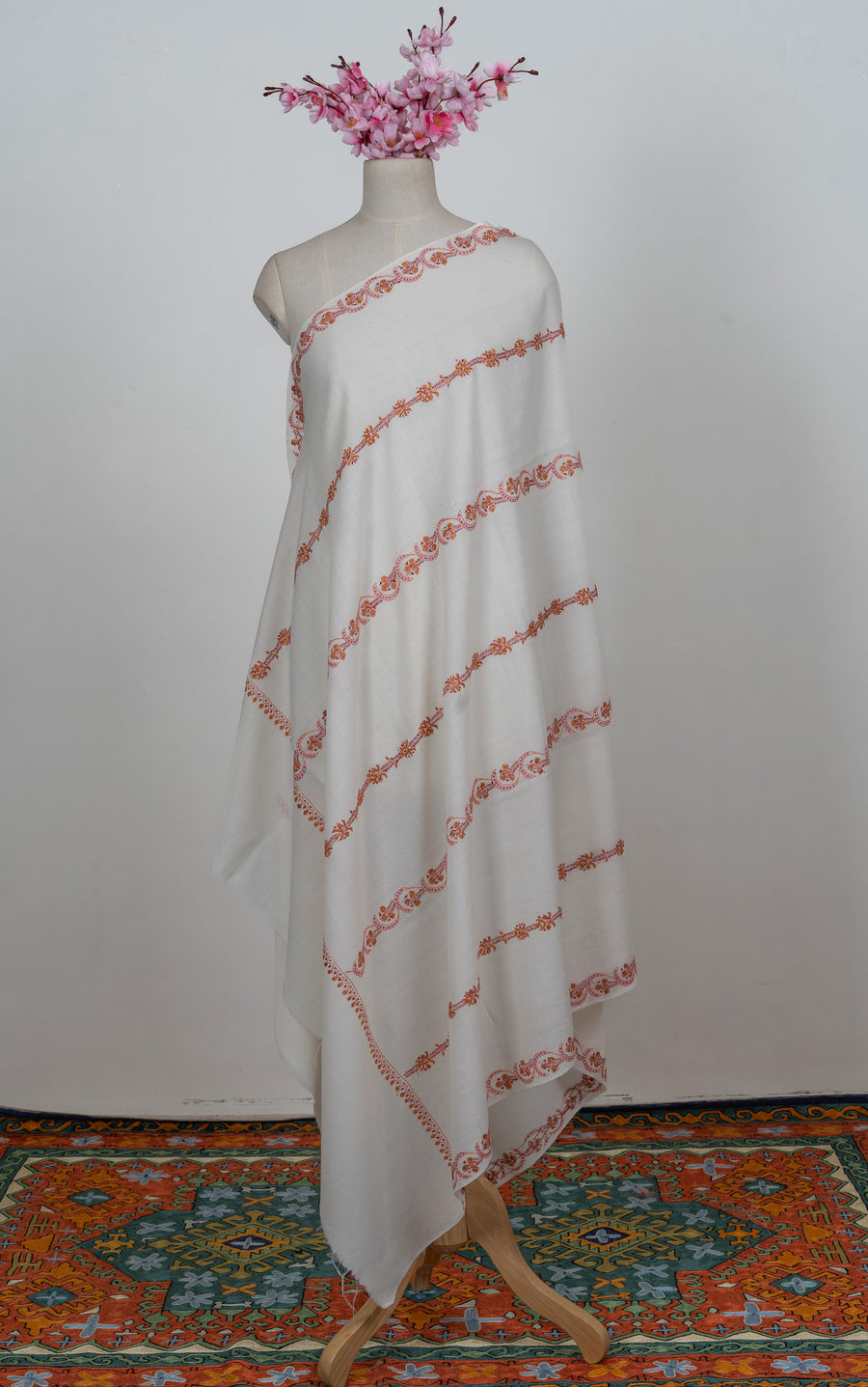 Ivory Ember Trails Sozni Hand Embroidered Merino Wool Shawl