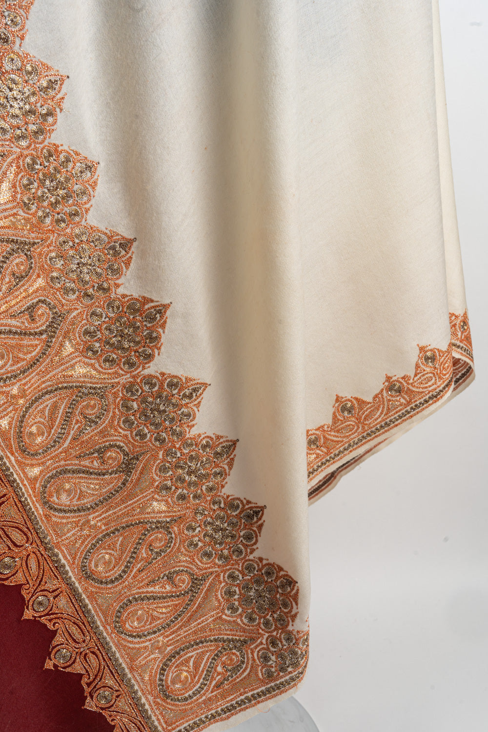 Refined Ivory and Burgundy Kashmiri Tilla Embroidered Merino Wool Shawl