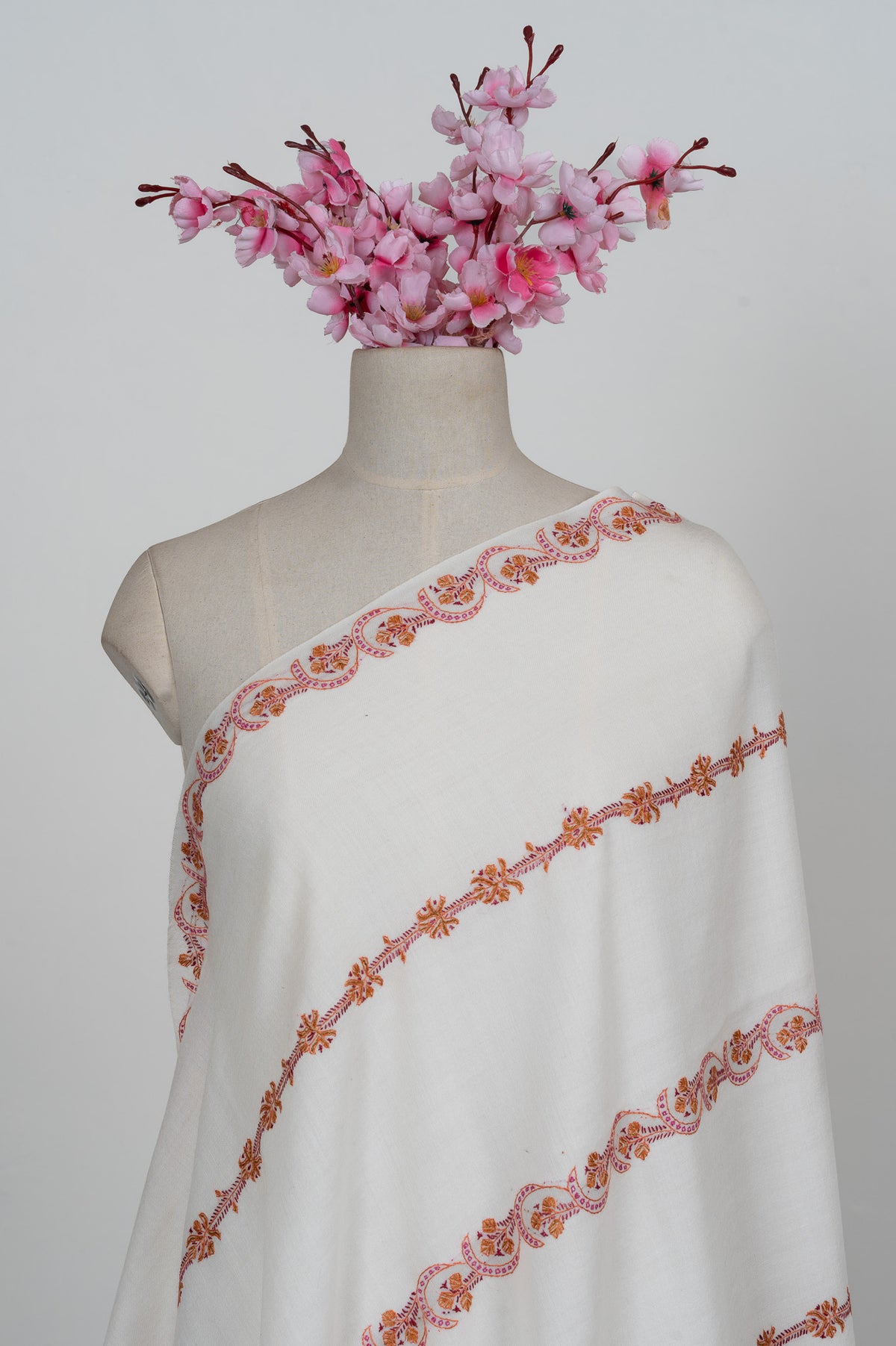 Ivory Ember Trails Sozni Hand Embroidered Merino Wool Shawl