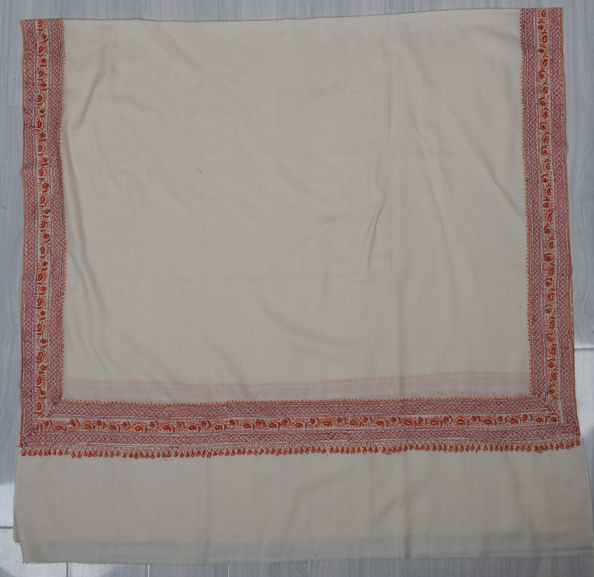 Snowbound Heritage Border Sozni Hand Embroidered Merino Wool Shawl
