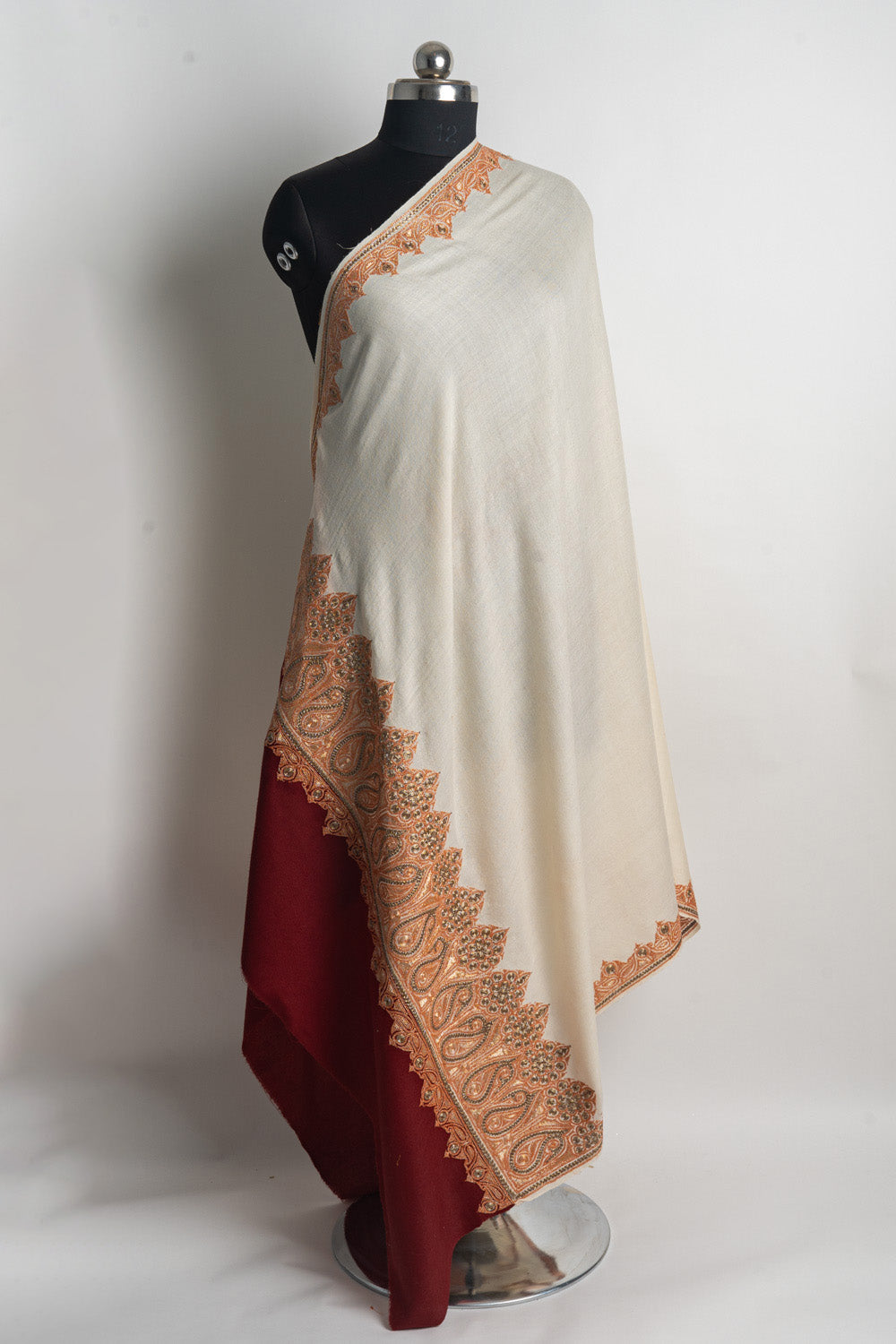 Refined Ivory and Burgundy Kashmiri Tilla Embroidered Merino Wool Shawl