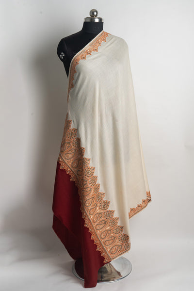 Refined Ivory and Burgundy Kashmiri Tilla Embroidered Merino Wool Shawl