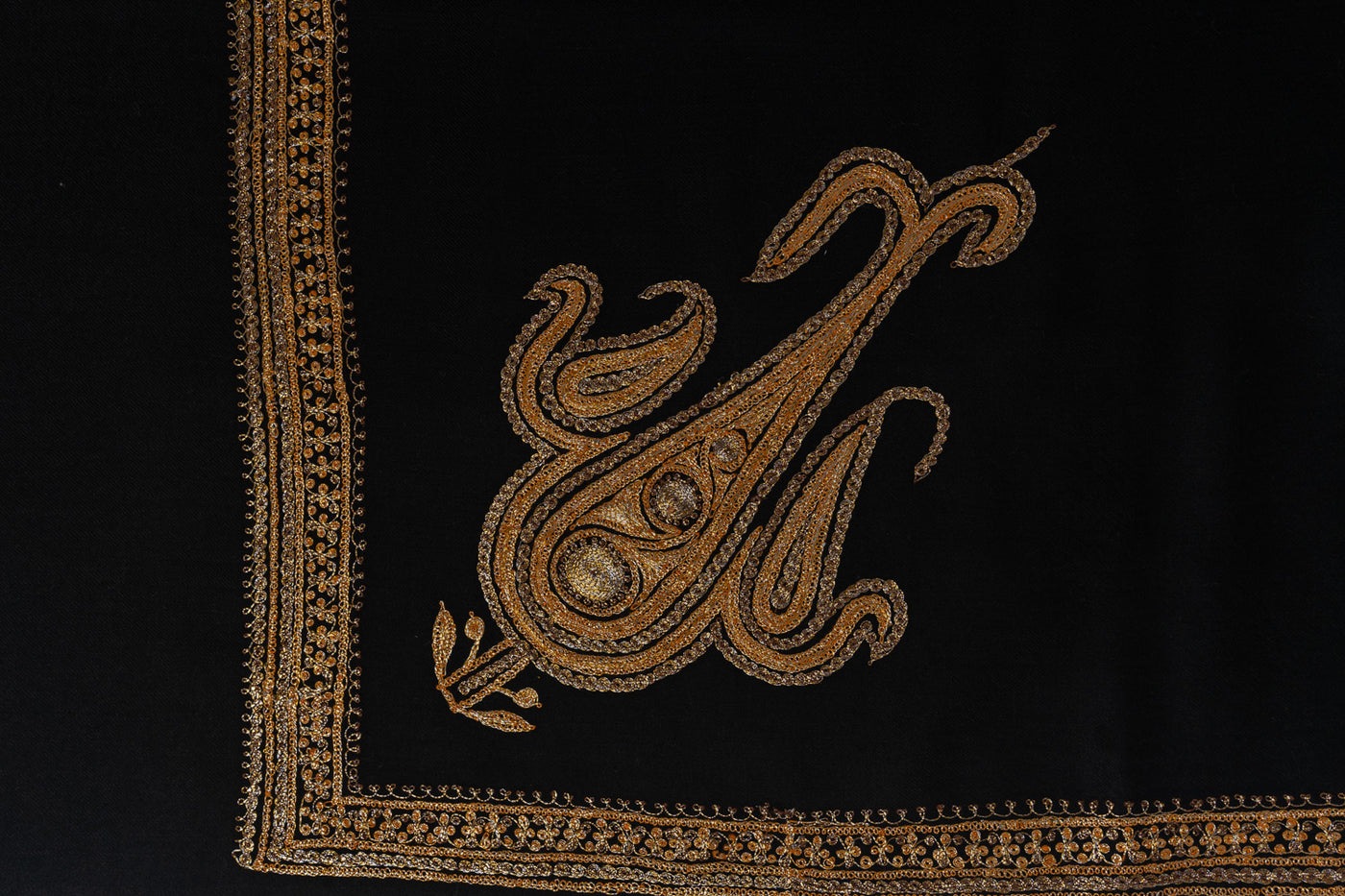 Regal Black Kashmiri Tilla Embroidered Merino Wool Shawl