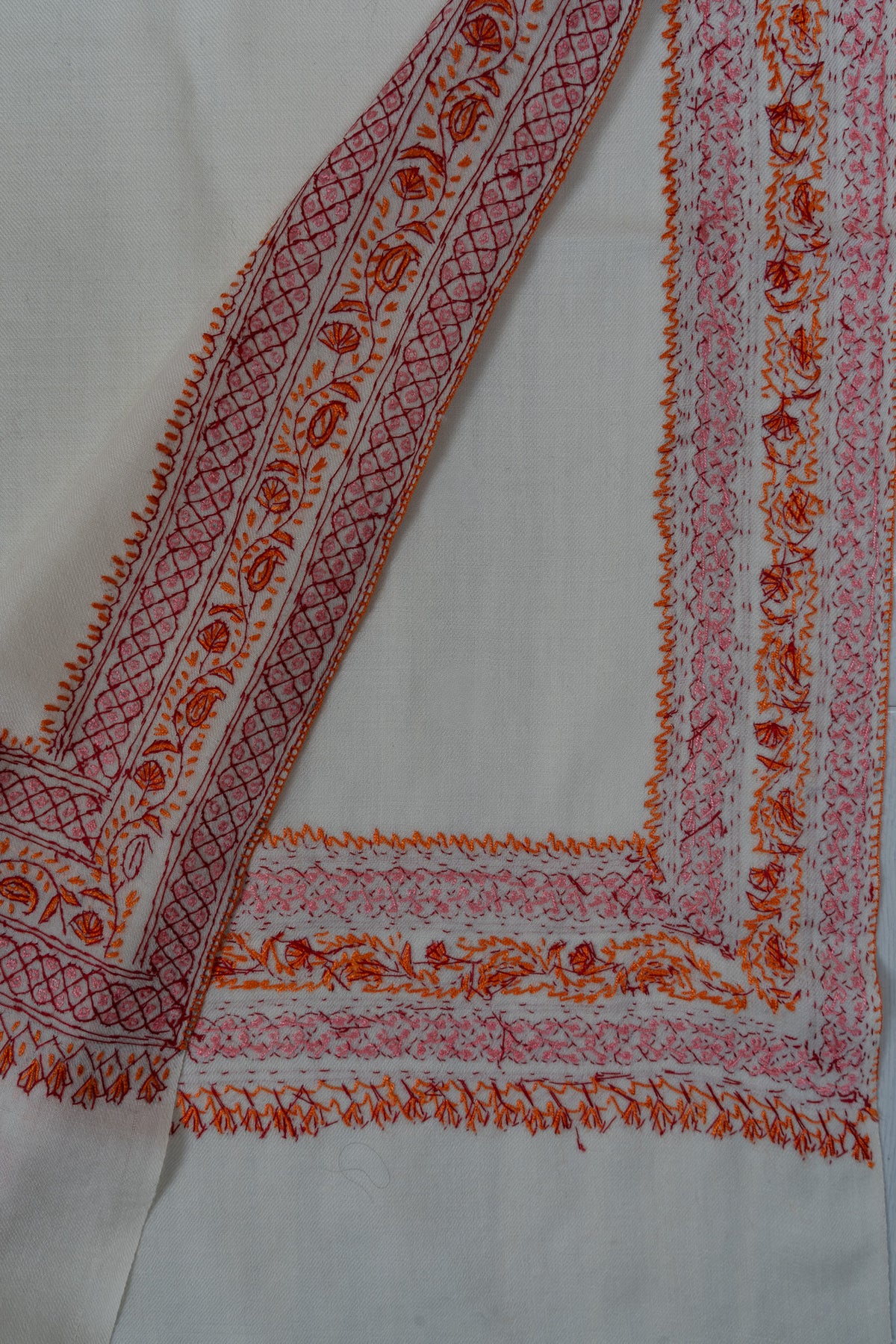 Snowbound Heritage Border Sozni Hand Embroidered Merino Wool Shawl