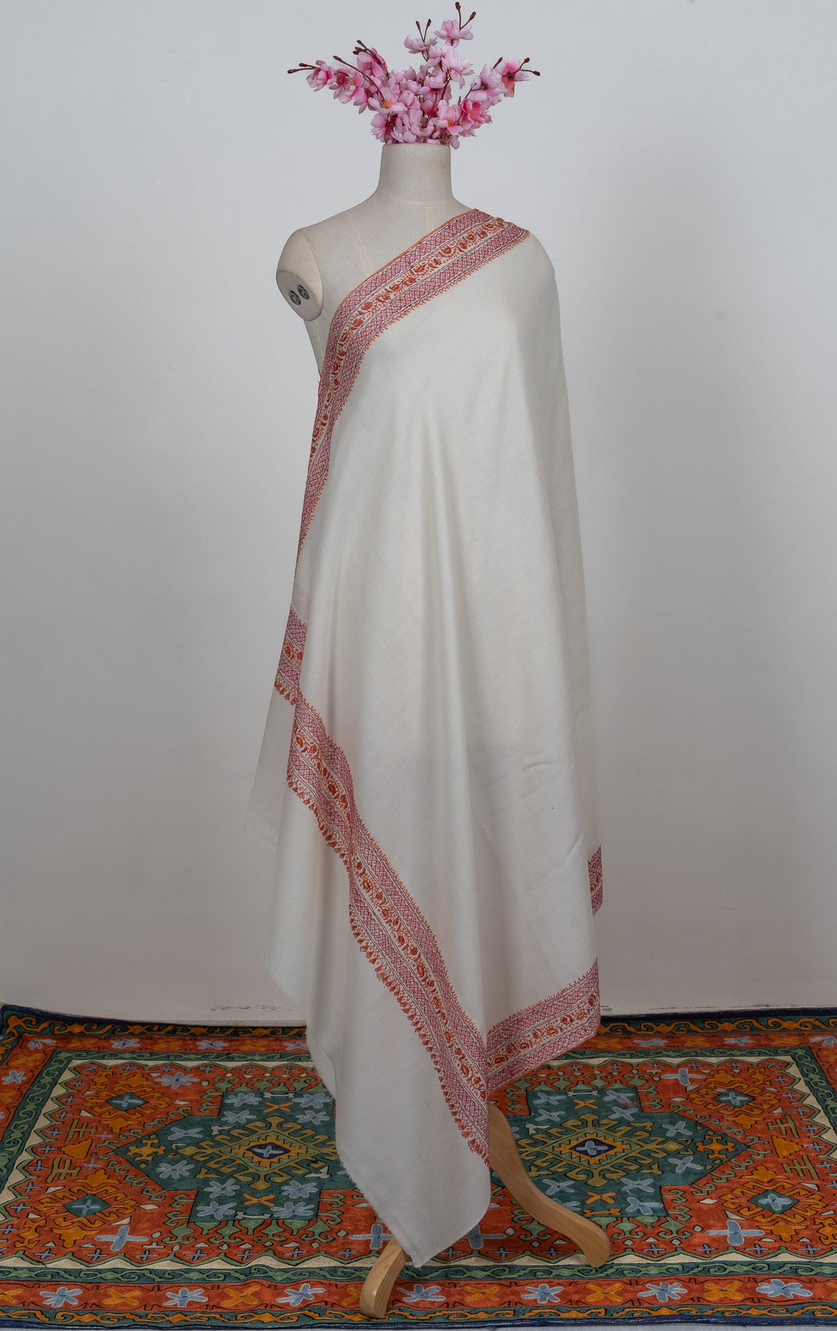 Snowbound Heritage Border Sozni Hand Embroidered Merino Wool Shawl