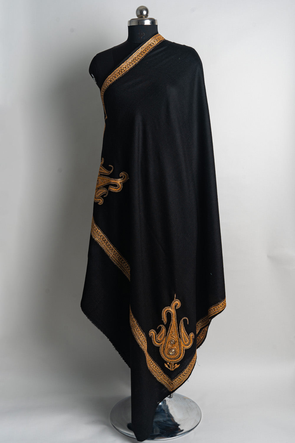 Regal Black Kashmiri Tilla Embroidered Merino Wool Shawl