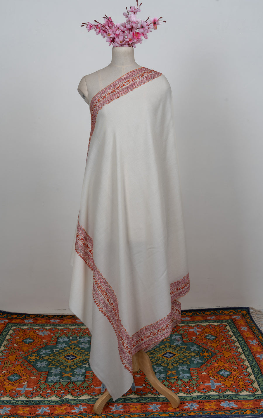 Snowbound Heritage Border Sozni Hand Embroidered Merino Wool Shawl