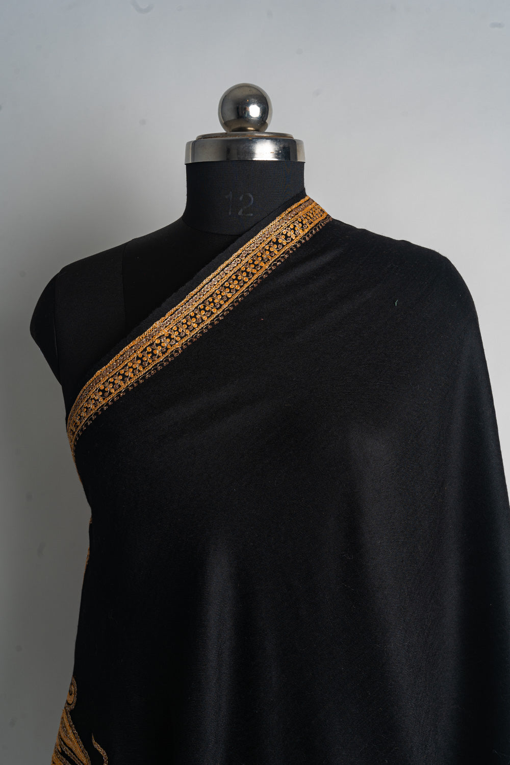 Regal Black Kashmiri Tilla Embroidered Merino Wool Shawl