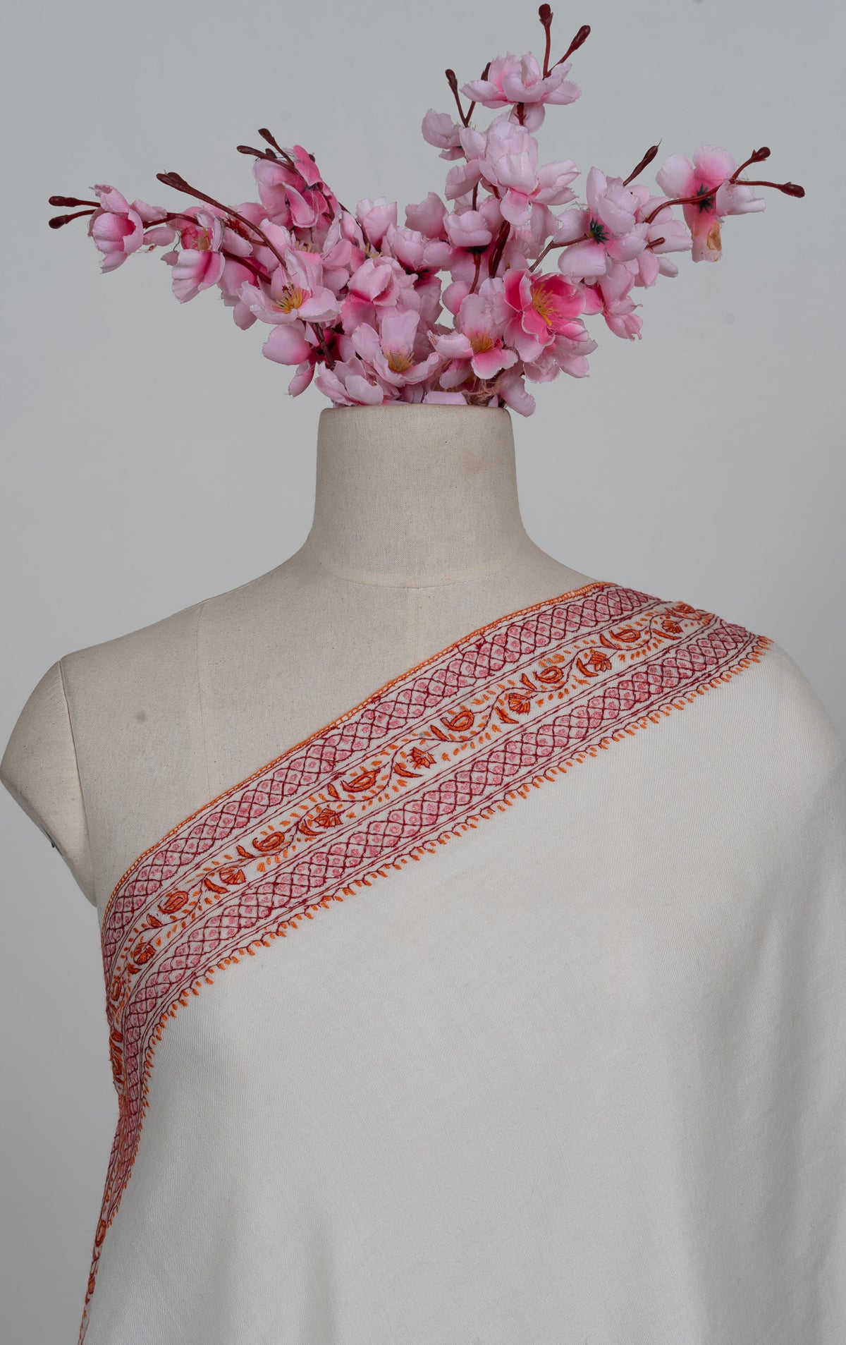 Snowbound Heritage Border Sozni Hand Embroidered Merino Wool Shawl