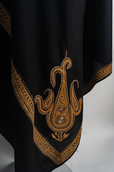 Regal Black Kashmiri Tilla Embroidered Merino Wool Shawl