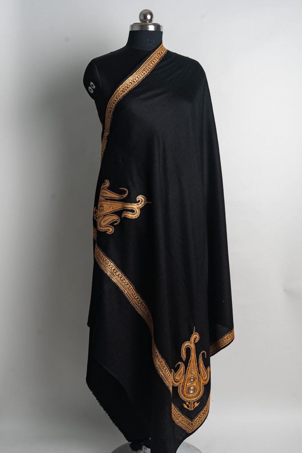 Regal Black Kashmiri Tilla Embroidered Merino Wool Shawl