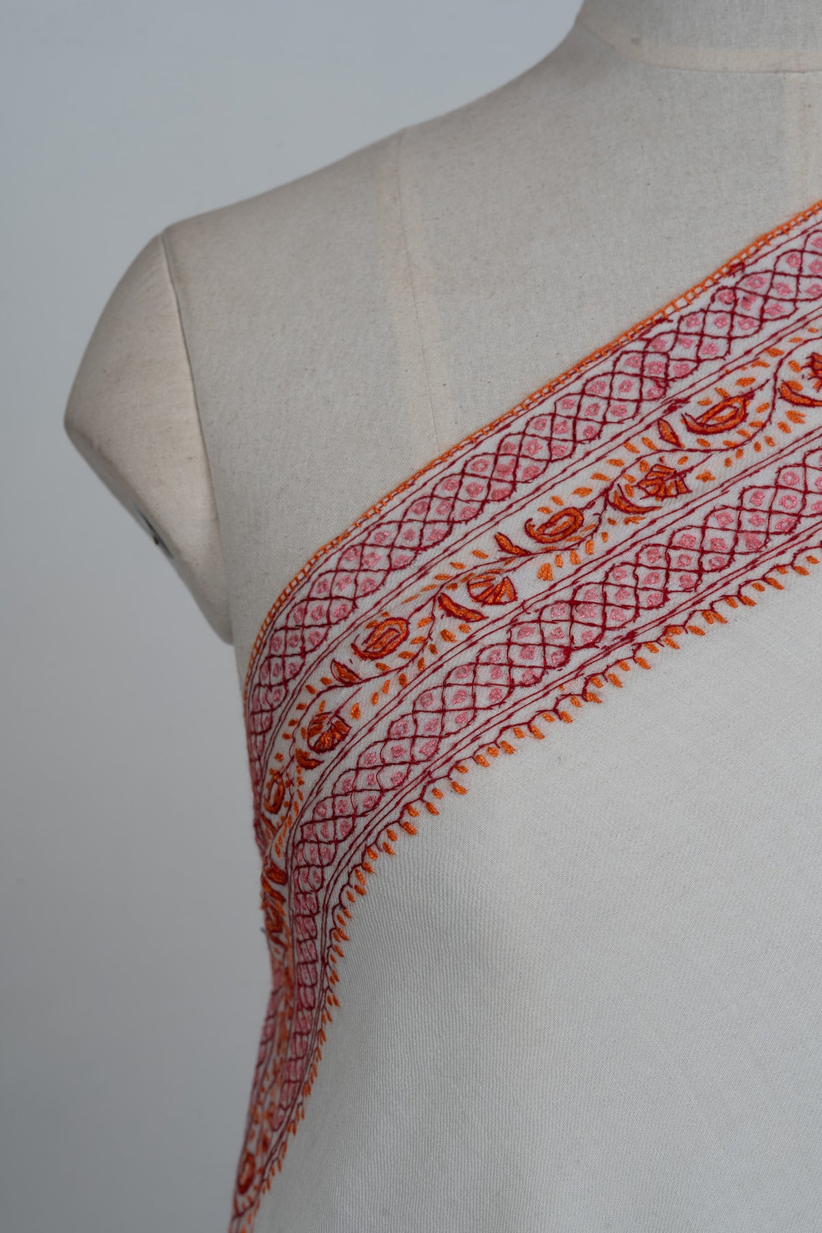 Snowbound Heritage Border Sozni Hand Embroidered Merino Wool Shawl