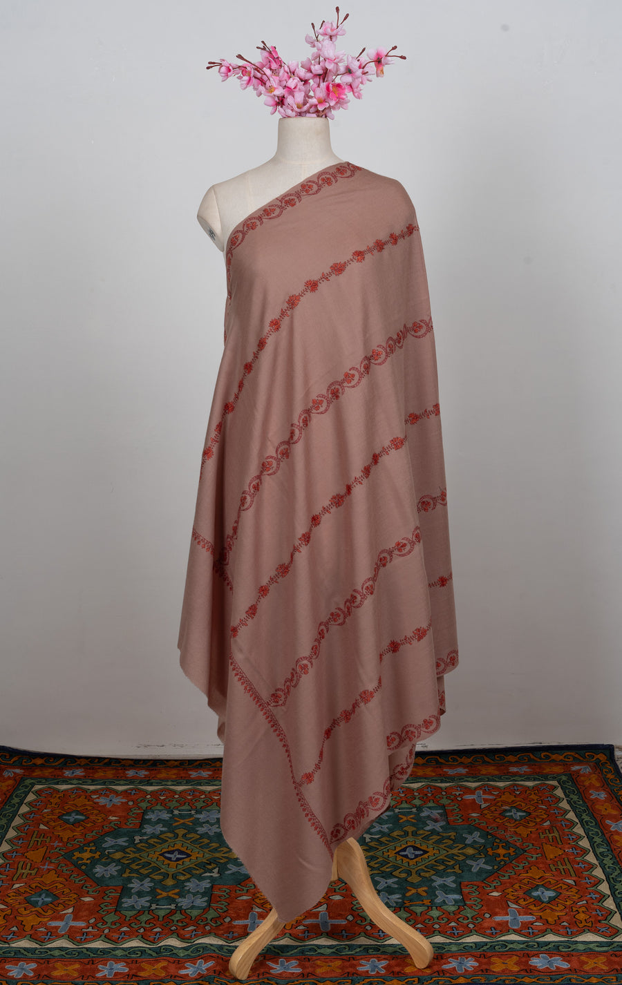 Blush Clay Sozni Hand Embroidered Merino Wool Shawl