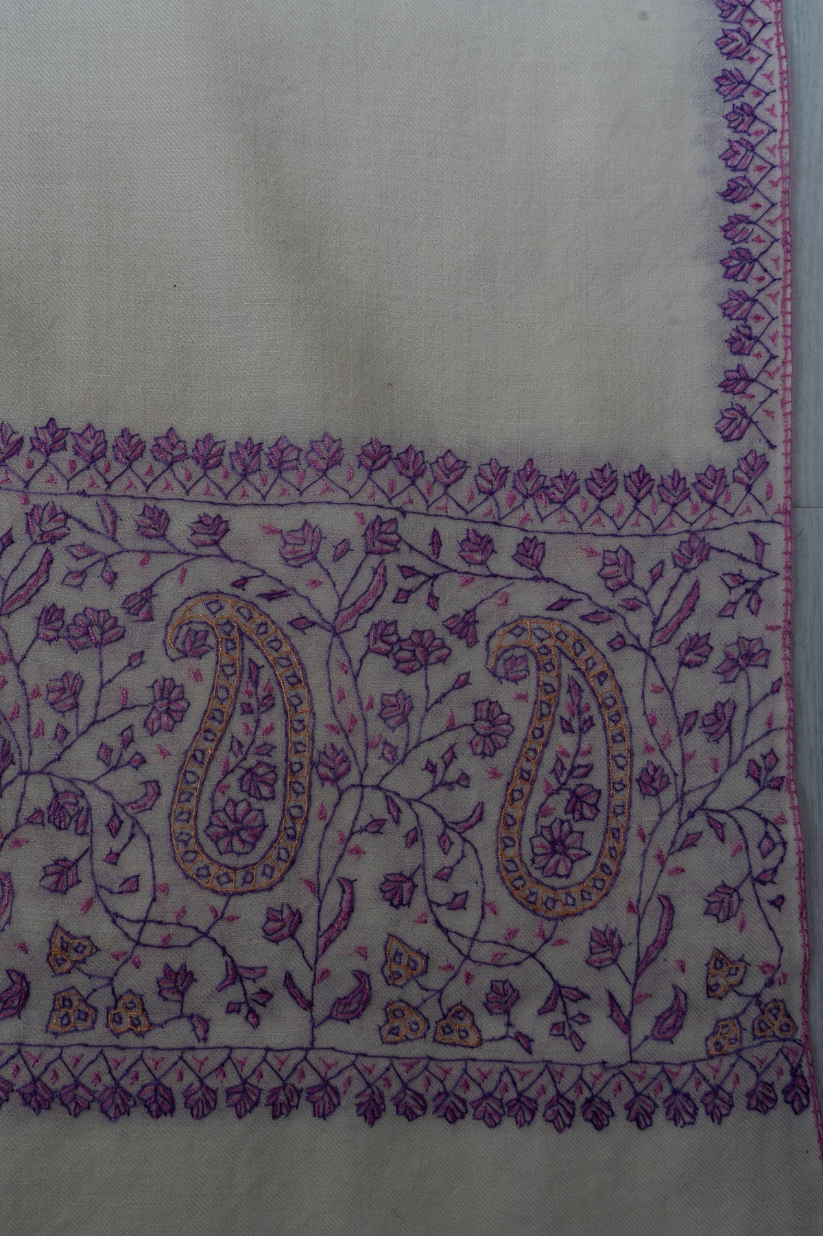 Moonlit Lavender Paisley Sozni Hand Embroidered Merino Wool Shawl