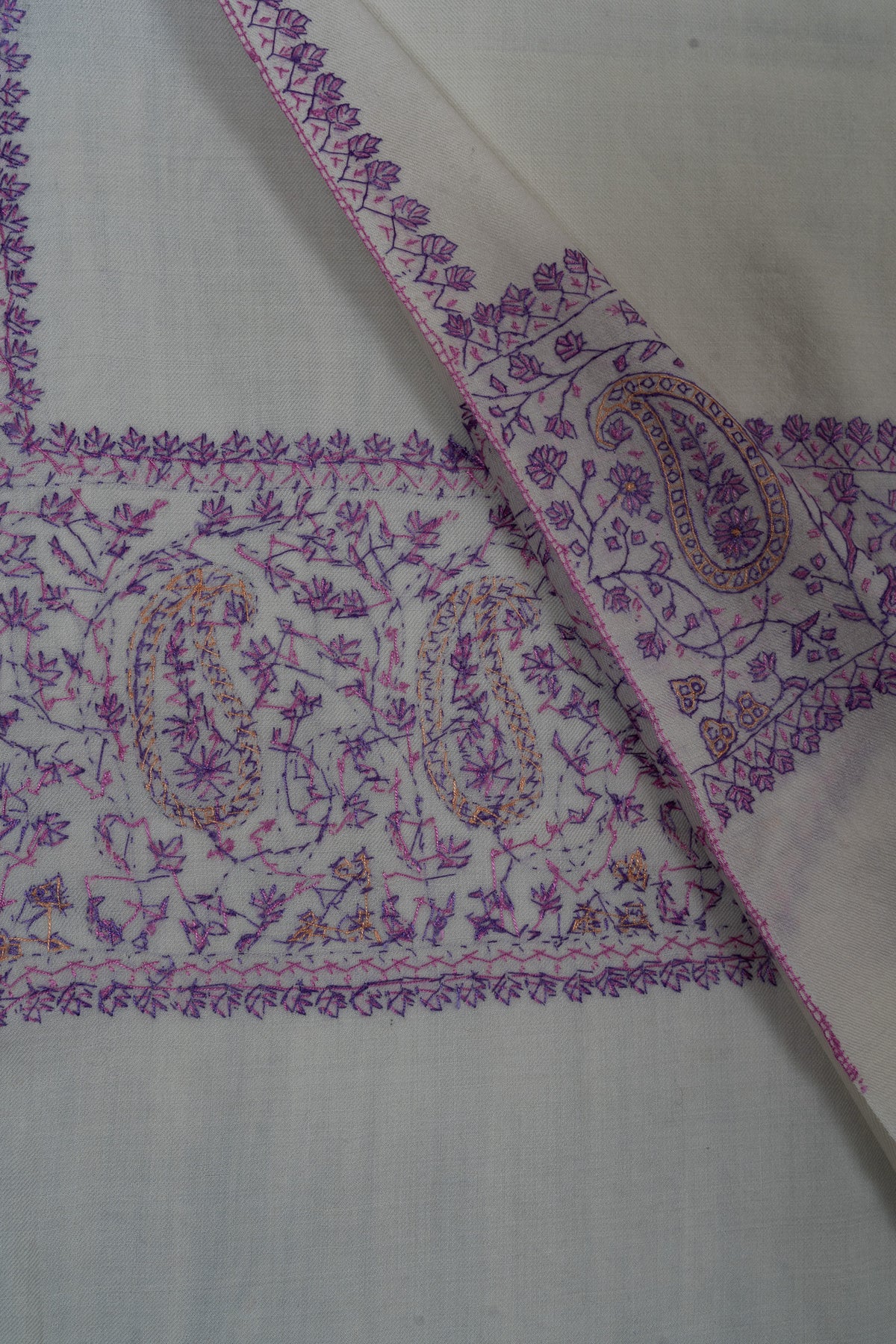 Moonlit Lavender Paisley Sozni Hand Embroidered Merino Wool Shawl
