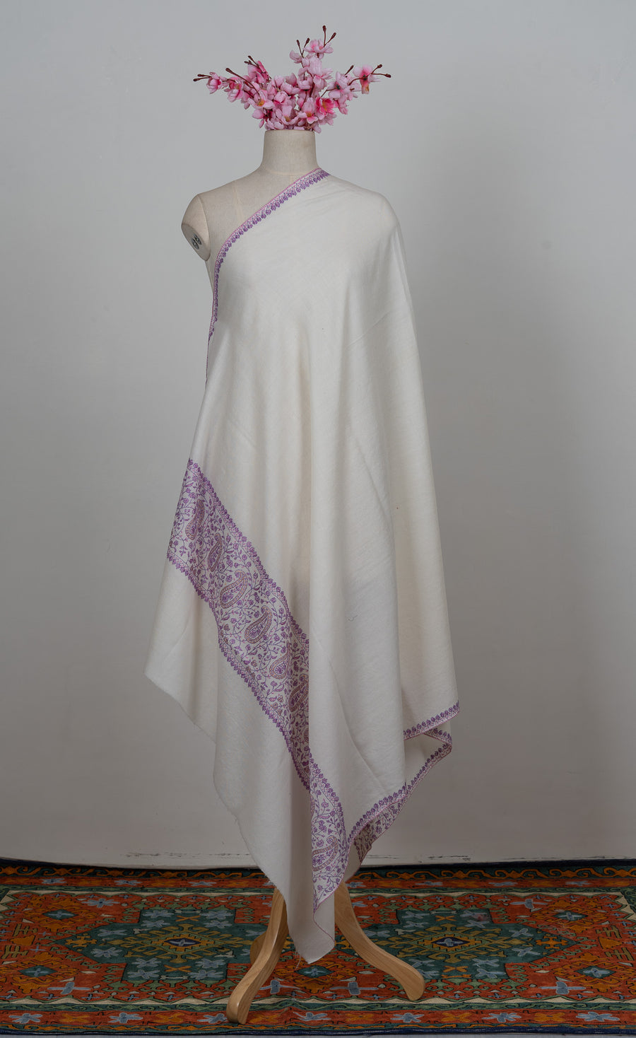 Moonlit Lavender Paisley Sozni Hand Embroidered Merino Wool Shawl
