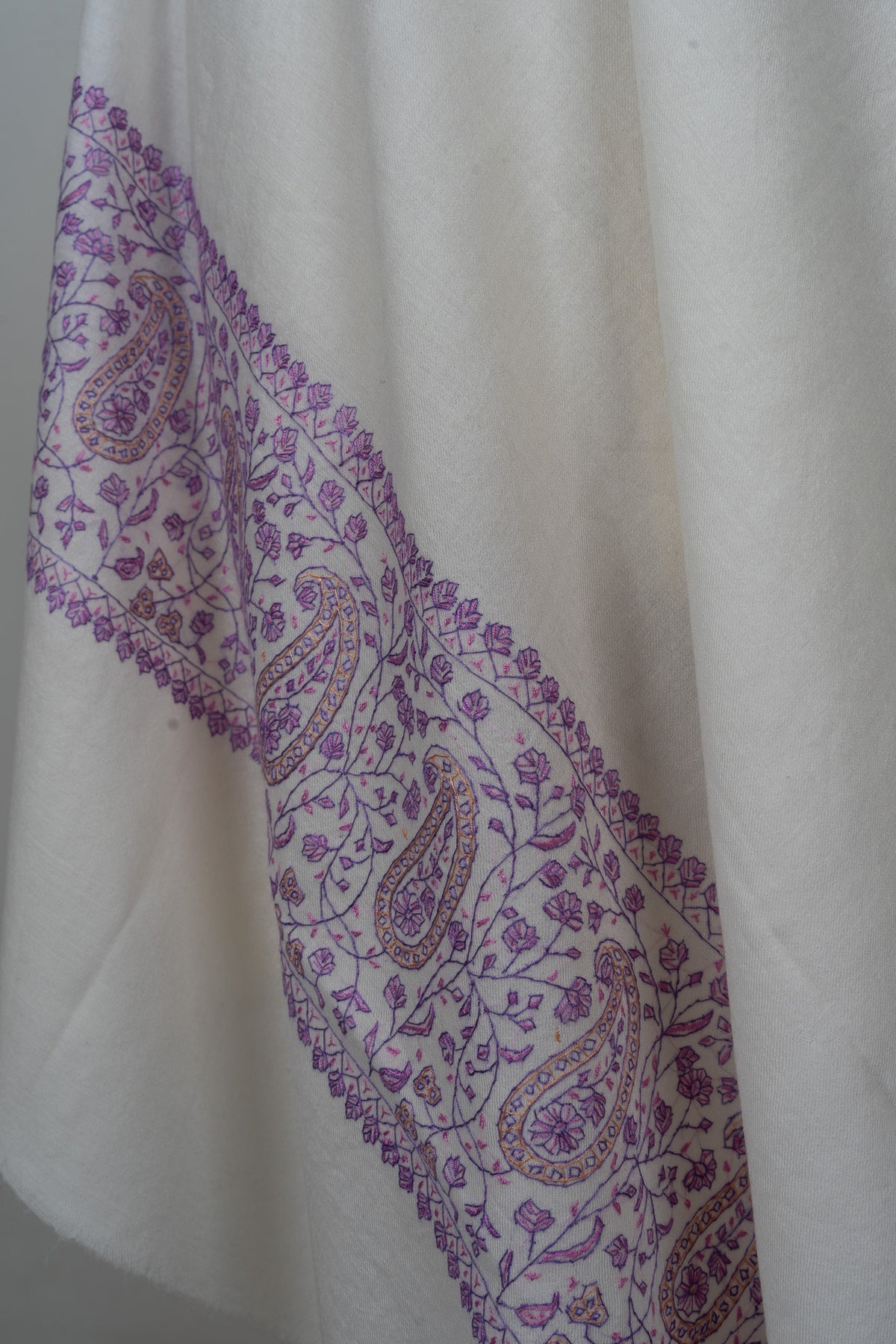Moonlit Lavender Paisley Sozni Hand Embroidered Merino Wool Shawl