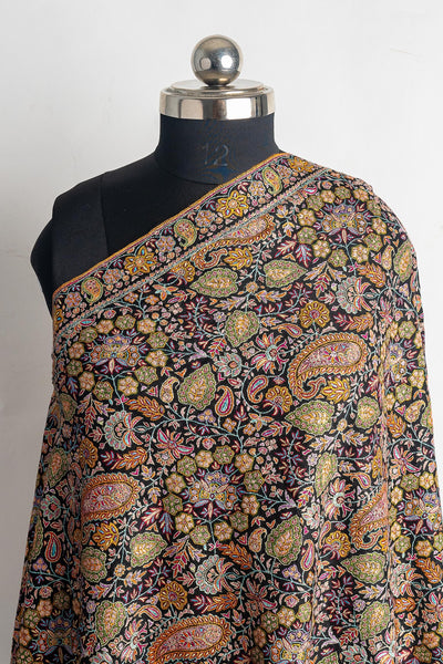 Black Pure Pashmina Shawl with Heavy intricate multicolor Hand-Embroidery