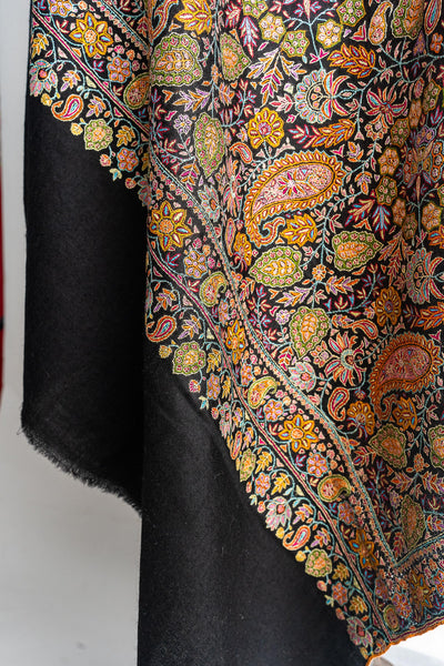 Black Pure Pashmina Shawl with Heavy intricate multicolor Hand-Embroidery