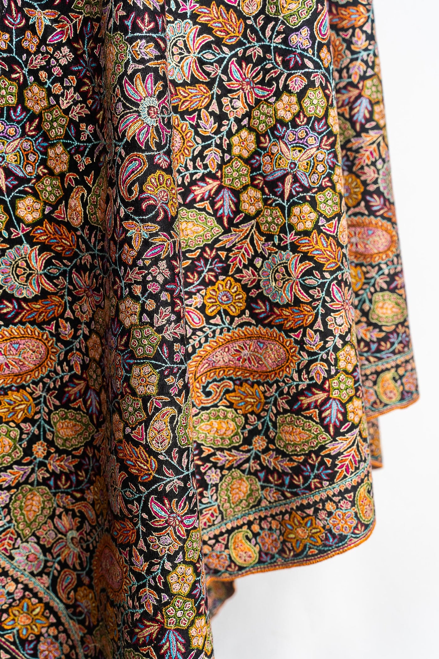Black Pure Pashmina Shawl with Heavy intricate multicolor Hand-Embroidery