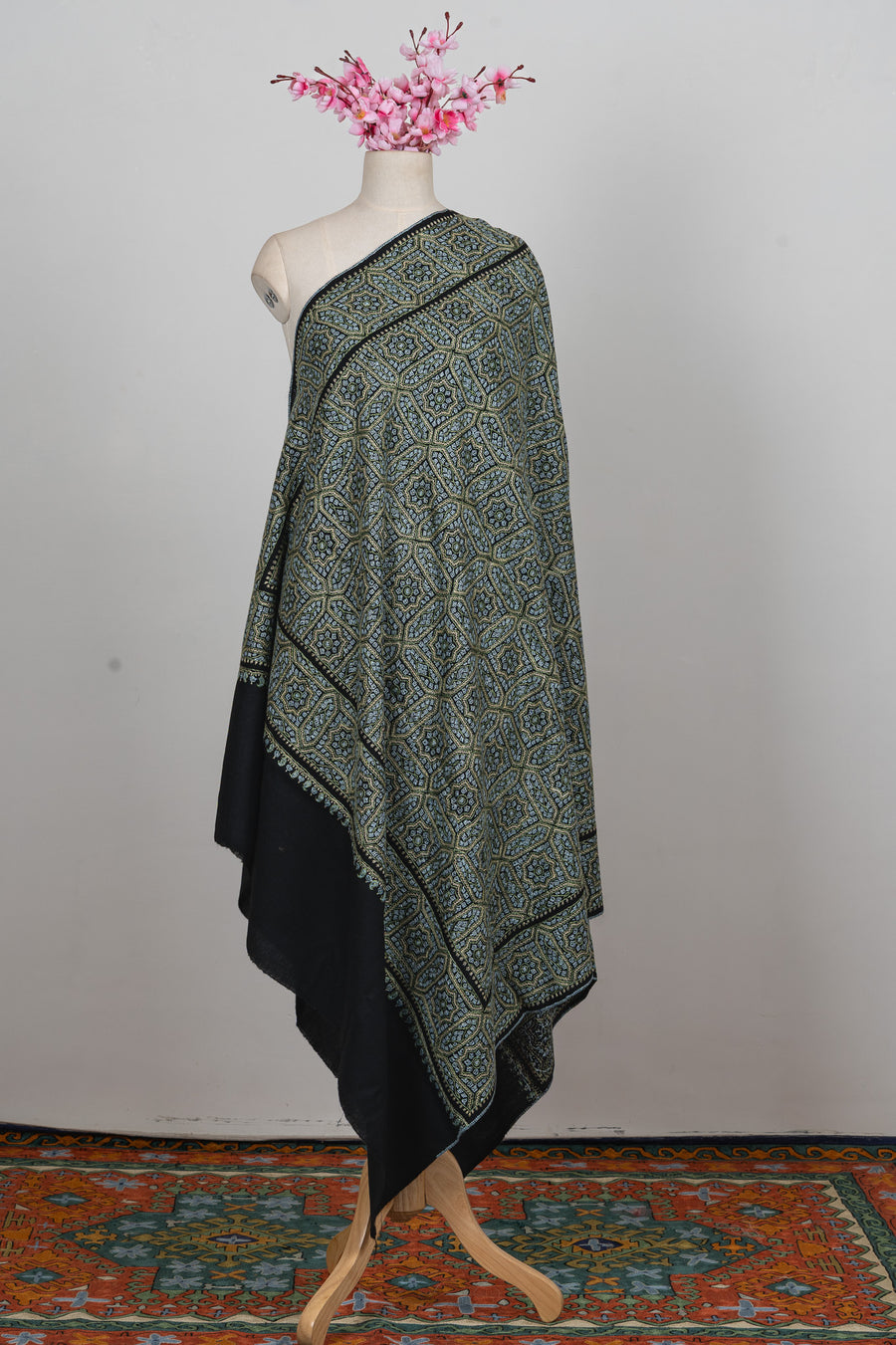 Emerald Lattice Sozni Hand Embroidered Merino Wool Shawl
