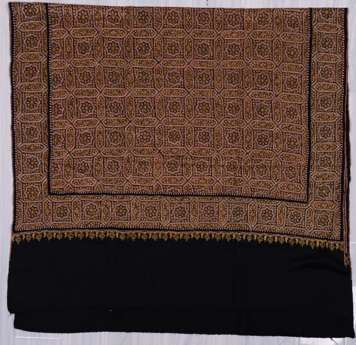 Antique Bronze Mosaic Sozni Hand Embroidered Merino Wool Shawl