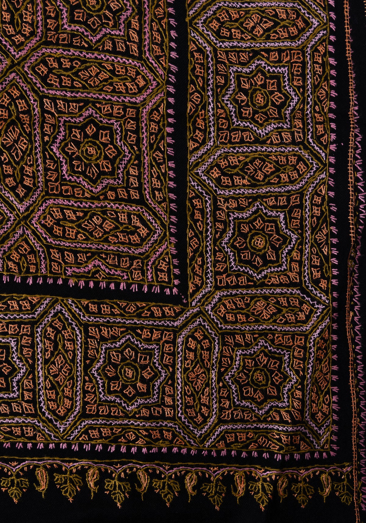 Antique Bronze Mosaic Sozni Hand Embroidered Merino Wool Shawl