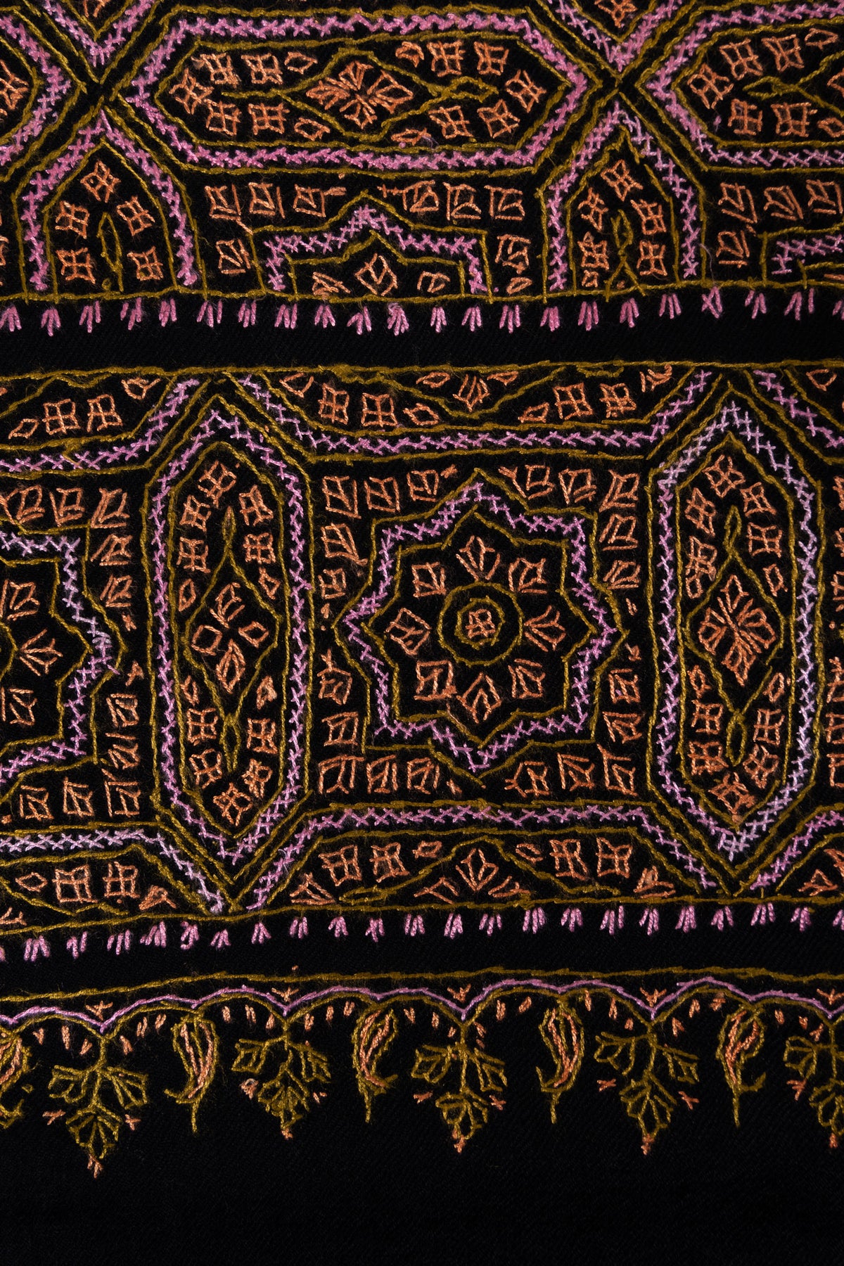 Antique Bronze Mosaic Sozni Hand Embroidered Merino Wool Shawl