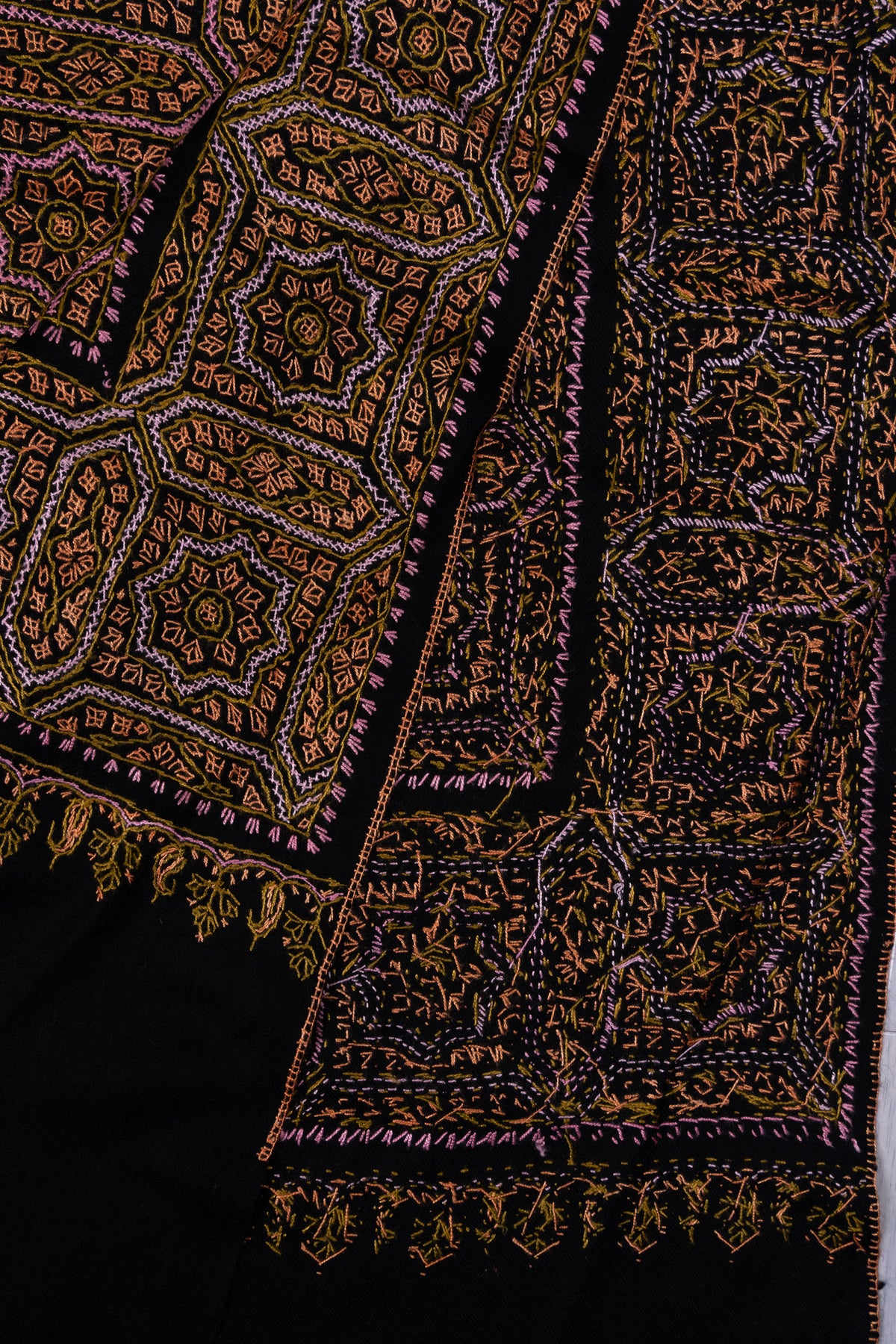 Antique Bronze Mosaic Sozni Hand Embroidered Merino Wool Shawl