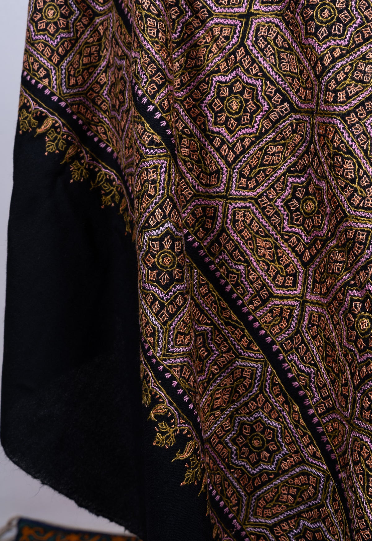 Antique Bronze Mosaic Sozni Hand Embroidered Merino Wool Shawl
