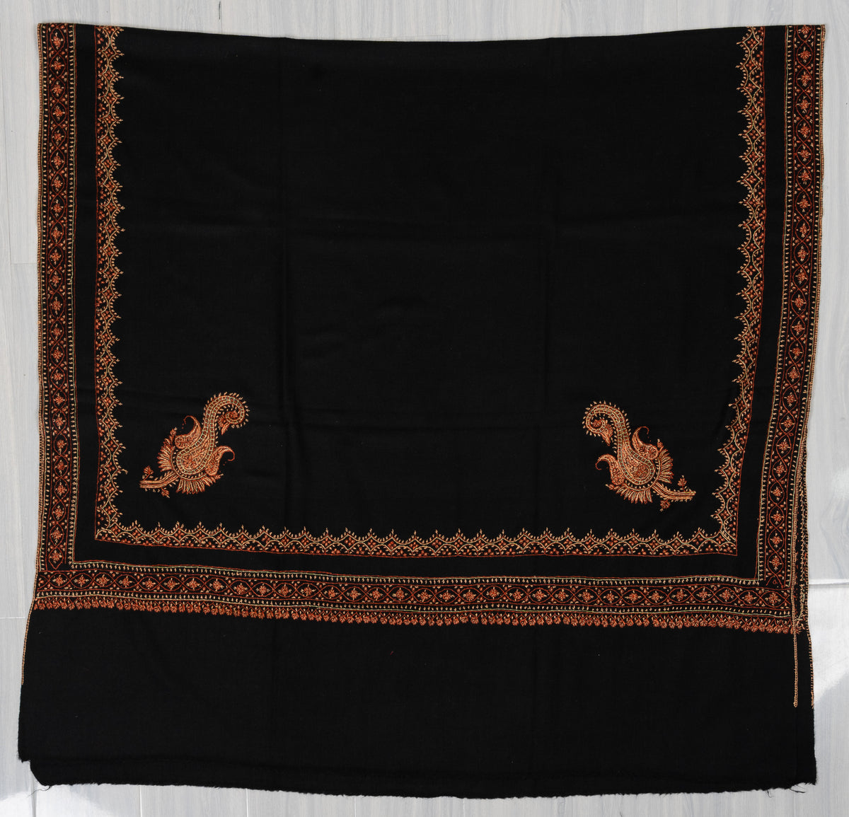 Nocturne Ember Border Sozni Hand Embroidered Merino Wool Shawl