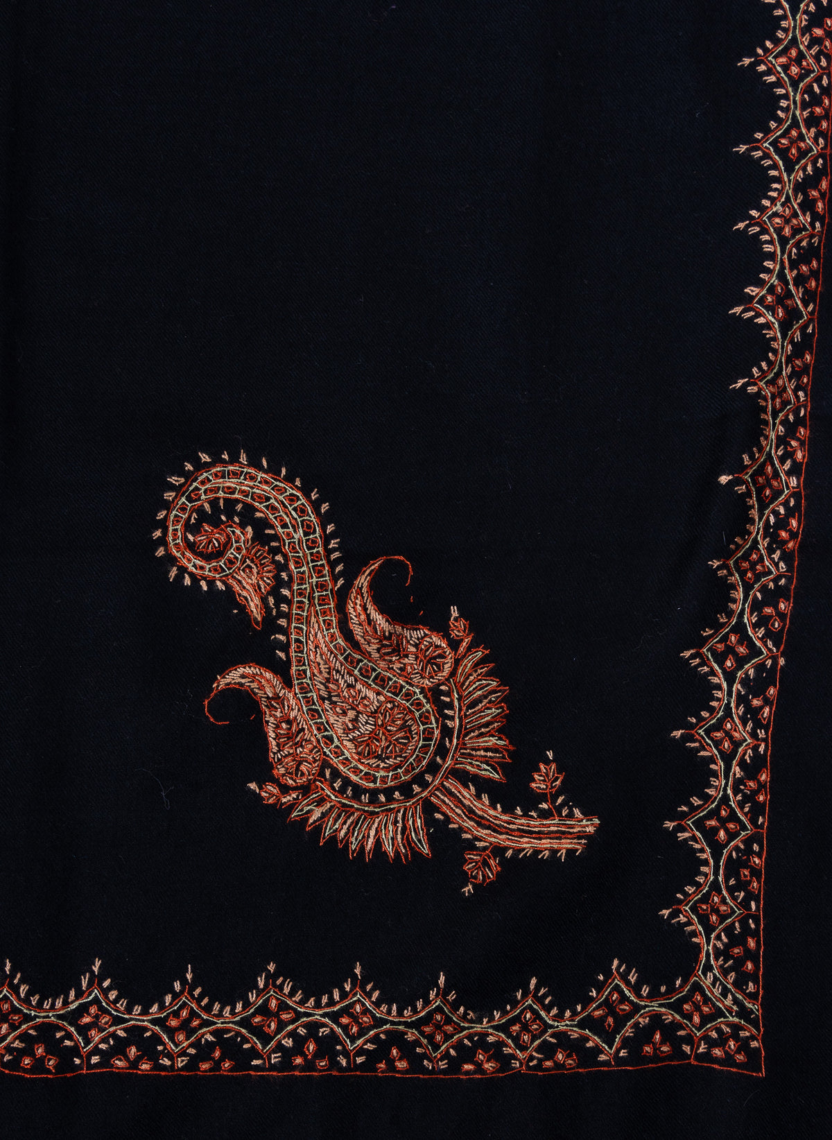 Nocturne Ember Border Sozni Hand Embroidered Merino Wool Shawl