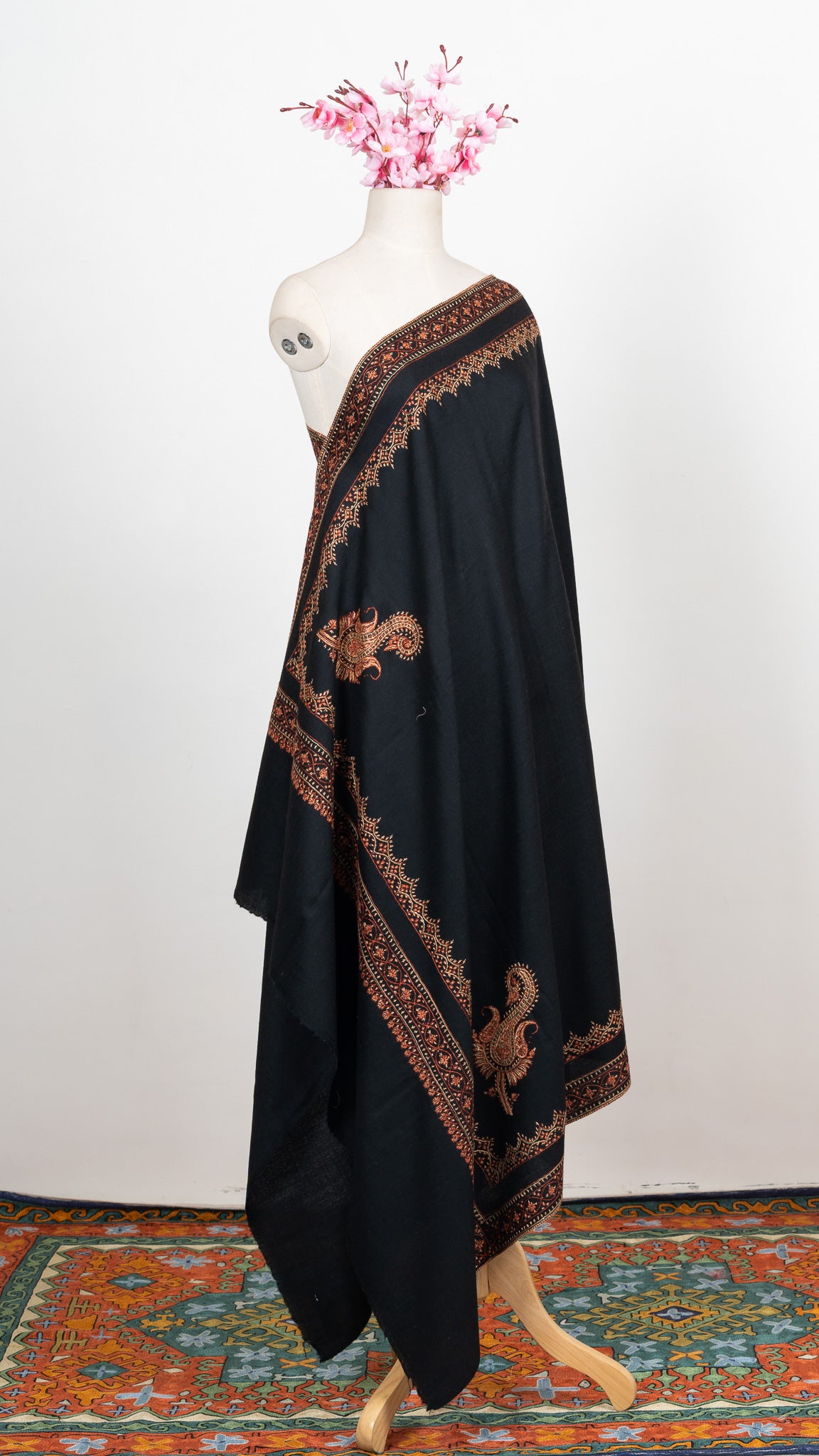 Nocturne Ember Border Sozni Hand Embroidered Merino Wool Shawl