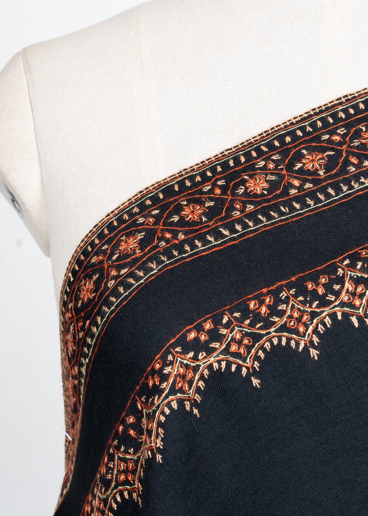 Nocturne Ember Border Sozni Hand Embroidered Merino Wool Shawl