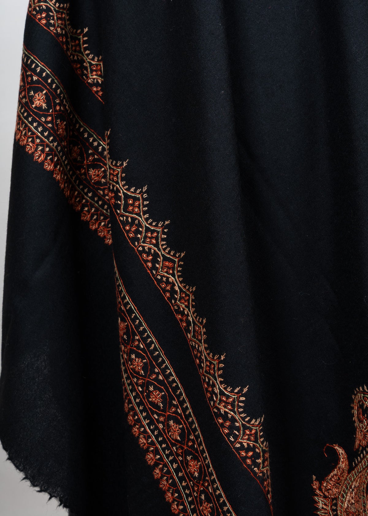 Nocturne Ember Border Sozni Hand Embroidered Merino Wool Shawl